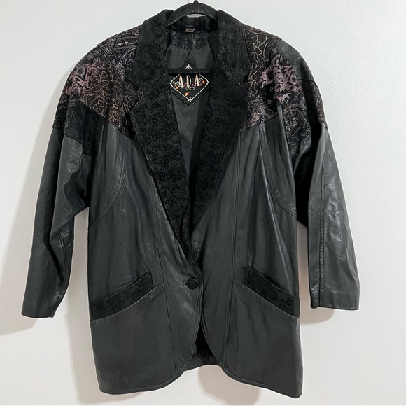 ADA Black Leather Jacket Women Size S Floral Vintage Oversized Retro 90s Y2K - Picture 1 of 11